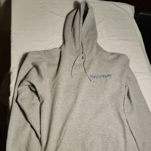 Grå hoodie från Harry Styles - Säljer en grå hoodie från Harry Styles med texten 'Harry's House' broderad i blått på framsidan. Baksidan har ett tryck av en person på en stor snöboll. Perfekt för fans av Harry Styles! 🧢