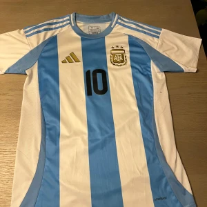 Argentina fotbollströja med nummer 10 - Säljer en klassisk Argentina fotbollströja från Adidas med nummer 10 och namn på ryggen. Tröjan är vit och blå med korta ärmar och har det ikoniska AFA-emblemet på bröstet. Perfekt för fotbollsfans!