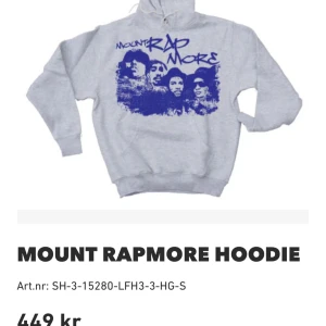 Grå Mount Rapmore Hoodie - Säljer en grå hoodie med coolt Mount Rapmore-tryck i blått. kommer inte till användning och jätte bra skick!