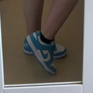 Blå och vita Nike sneakers - Snygga blå och vita Nike sneakers med klassisk design. Skorna har en vit sula och blå ovandel med vita detaljer. Perfekta för en sportig look.