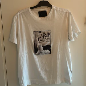 Vit t-shirt från Limitato - Säljer en vit t-shirt från Limitato med ett unikt tryck av Ellen von Unwerth. T-shirten har en normal passform och korta ärmar. Perfekt för dig som vill ha något stilrent med en konstnärlig touch.