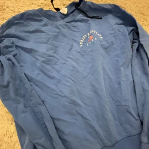 Blå sweatshirt med tryck - Säljer en blå sweatshirt med texten 'Sunset Boulevard U.S.A 1990' och en amerikansk flagga tryckt på ryggen. Tröjan har långa ärmar och en rund halsringning. Perfekt för en avslappnad stil.