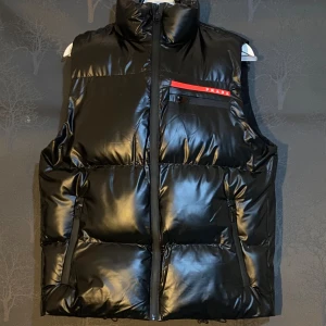 Svart dunväst från Prada - Säljer en snygg svart dunväst från Prada i storlek S. Västen har en dragkedja framtill och en cool röd detalj på bröstfickan. Perfekt för höst och vinter när du vill hålla dig varm och stilren. Passar både till vardags och festliga tillfällen.