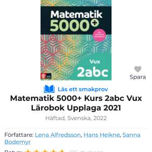 Matematik 5000+ Kurs 2abc Vux Lärobok Upplaga 2021. Små defekter så som anteckningar (suddade men små synliga tecken på användning) därav billigt pris. Annars gott skick. Senaste upplagan. Isbn 9789127462670