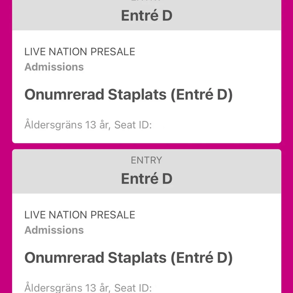 Säljer 1 onumrerad ståplats entre D till HSLOT Stockholm 29/6. Biljett överförs genom Stockholm Live appen💞 . Övrigt.