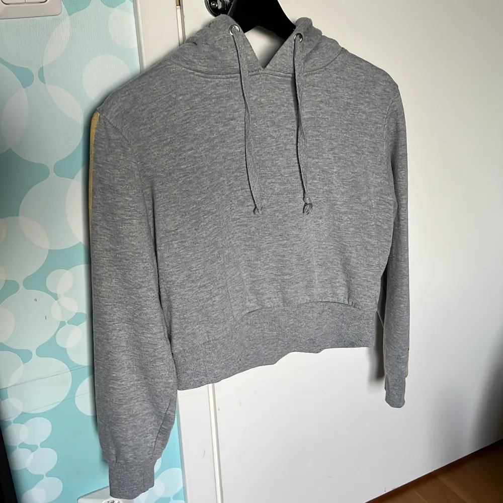 En grå hoodie med färgade streck på ärmen. Använd fåtal gånger och hängt i min garderob sen 2018. Är XS men sitter som en S eller M. Hoodies.