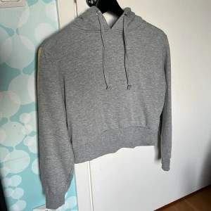 Grå hoodie - En grå hoodie med färgade streck på ärmen. Använd fåtal gånger och hängt i min garderob sen 2018. Är XS men sitter som en S eller M