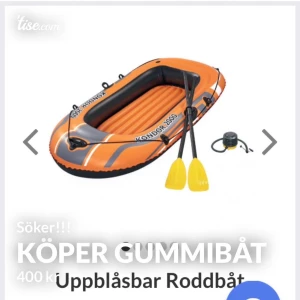 Söker gummibåt! - Hej! Jag undrar om det är någon som säljer en hel och fungerande gummibåt. Den måste minst kunna hålla 120 kg, men helst mer!:) Det dyraste jag kan tänka mig betala är 400 kr, men det beror på skicket på den:) Jag har redan åror och en pump. Jag betalar självklart fraktkostnaden också:)