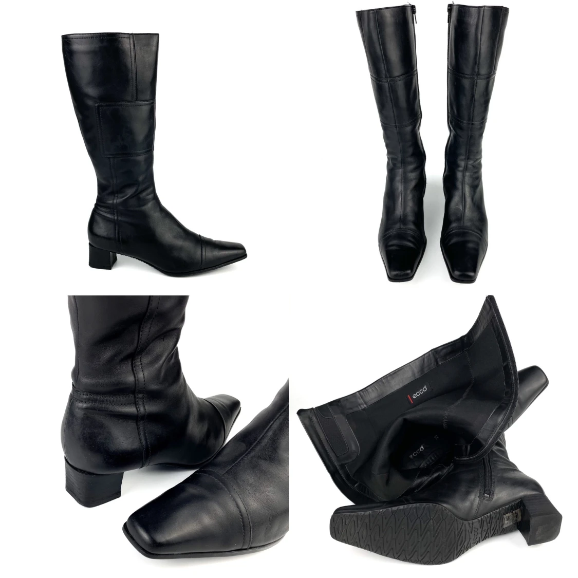 Vintage Y2K 90s 00s ECCO real leather narrow square toe block heel knee high boots in black size 38 EU - 91