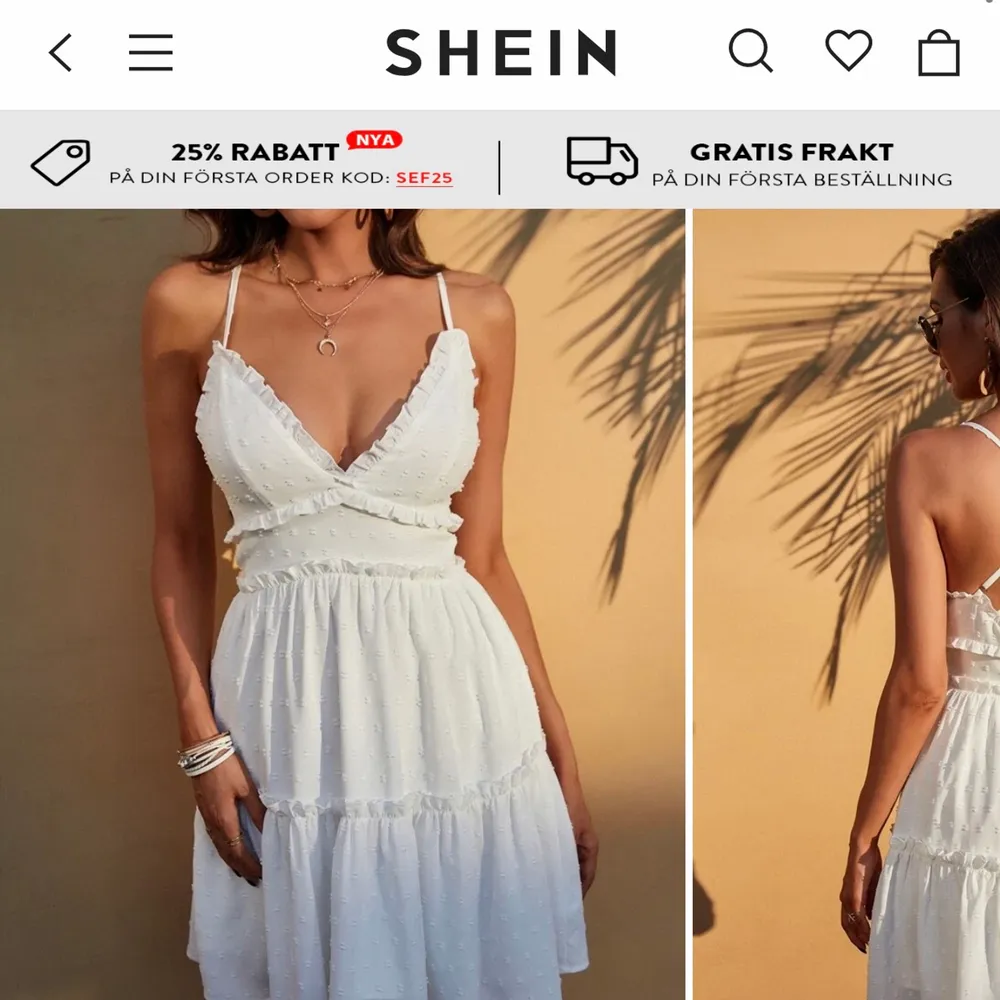 Supersöt vit klänning i str S från shein. Köpte den för 180kr och kvaliten är jättefin, den är aldrig använd. Säljer nu för 150kr med frakt inräknat i priset💕. Klänningar.