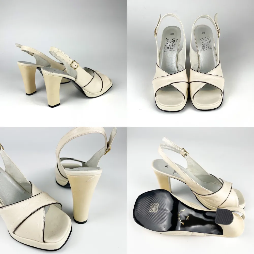 Vintage 90s 00s Y2K More Over real leather chunky  heel open square toe sandals shoes in off white size 38.  Few scratches here and there, the lining is partially recovered by heavy leather filler. Heels: 10 cm. Ask for full description. No returns.. Skor.