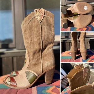 Cowboy boots stl 37 Vic Matie  - Fina boots gjorda av läder och canvastyg. Stl 37.  Höjd från marken 35 cm. Klack 8 cm. Innermått 24-24,5 cm.  Nyklackade. Tyget lite ljusare på något ställe.   Postar spårbart 66:- eller hämta i Stockholm. 