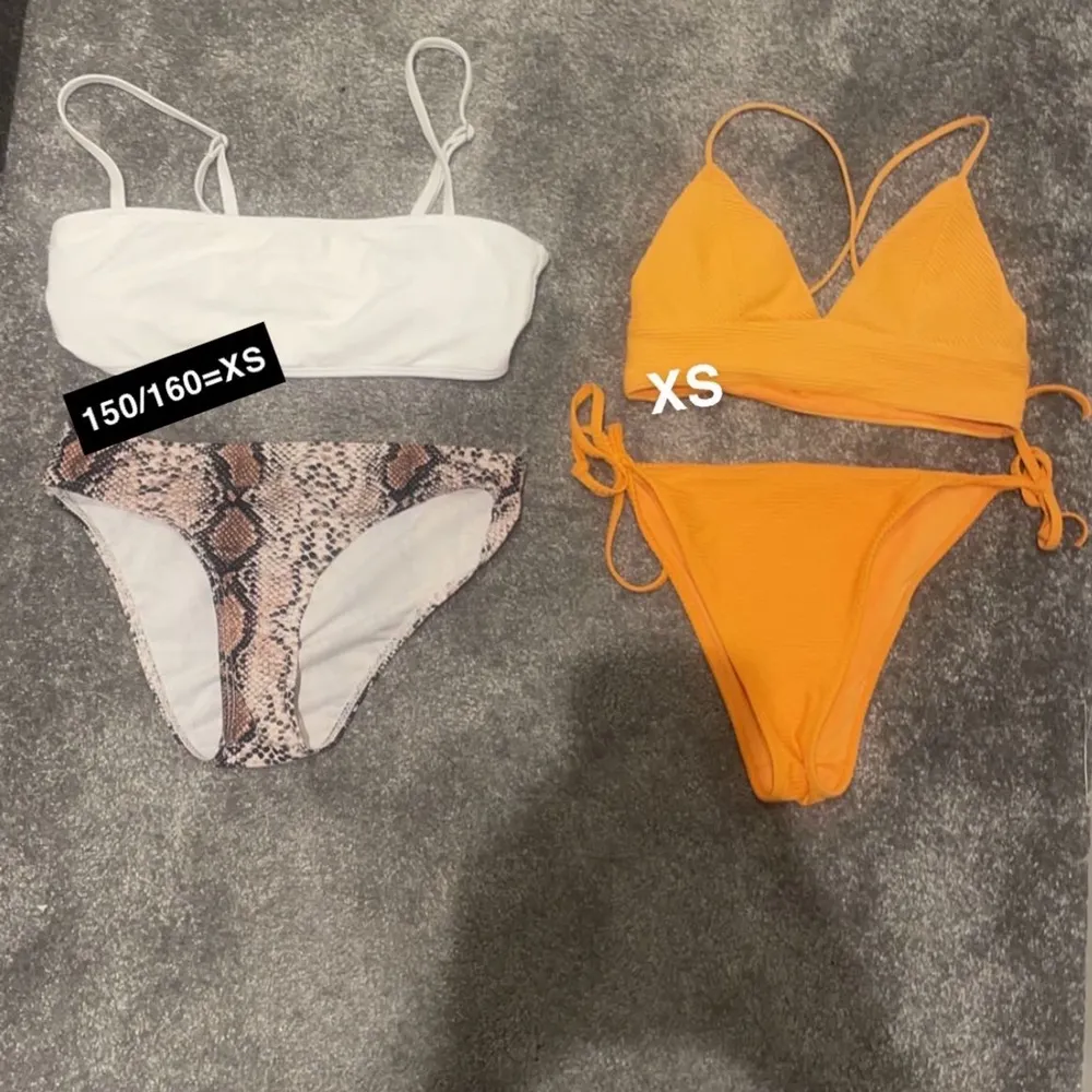 Fina bikinis i jötte bra skick. Orange för 75kr och den andra för 50kr :) storleken står på bilden och passar bra på mig som är XS/S. Övrigt.