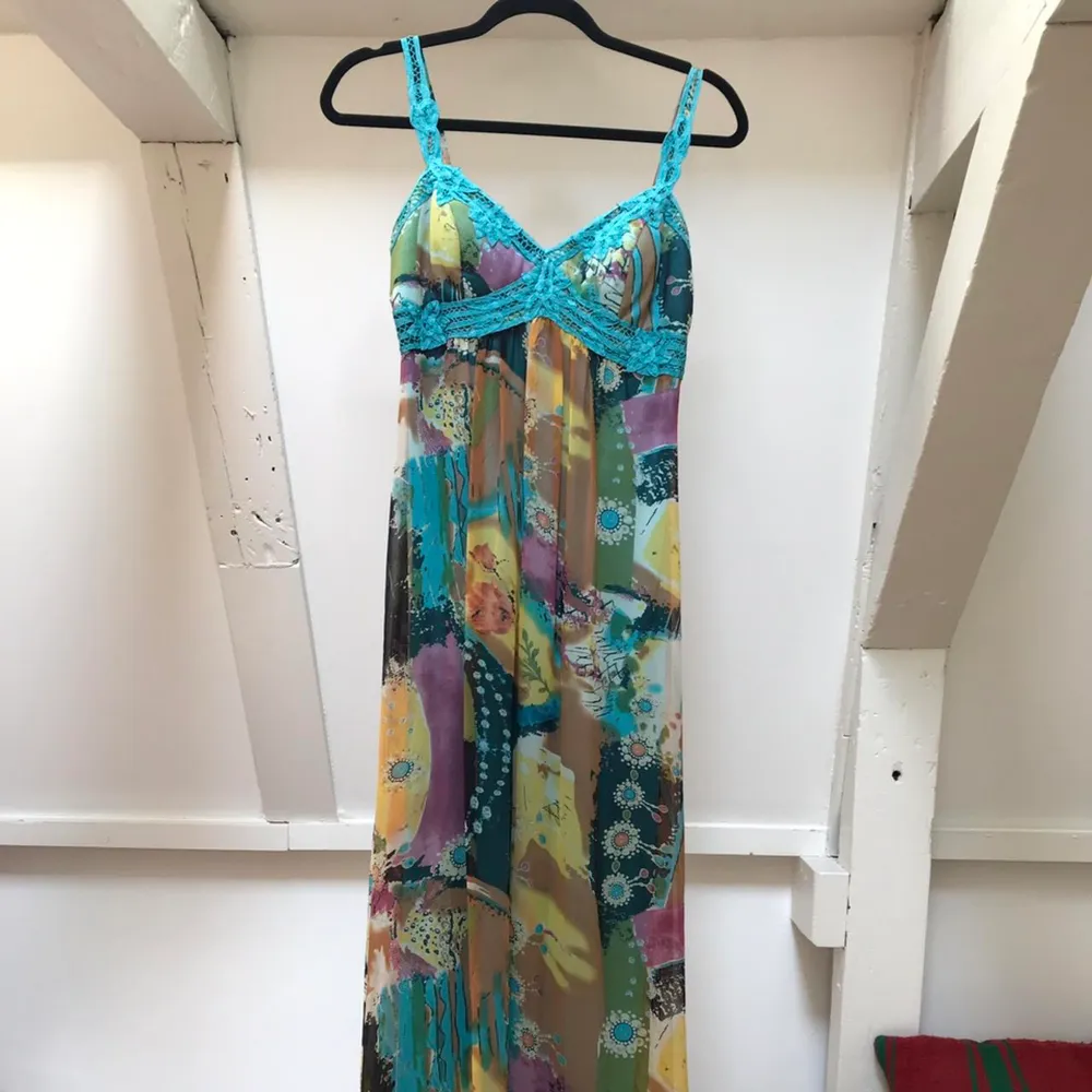 Vintage Sue Wong Full Length Maxi Dress  100% Silk Turquoise Abstract Print Best Fits Size S Very Good Condition . Klänningar.
