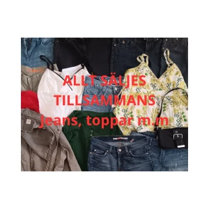 Kläder - Massa kläder som jag inte har någon användning för. Jag tänkte sälja allt tillsammans så man köper inga kläder separat. Det är 6 jeans, 1 par byxor, 1 par shorts, 1 jacka, 4 toppar och 1 väska. Det är bara att fråga om man har funderingar, skriv gärna om ni vill köpa (alltså köp inte utan att skriva)😊