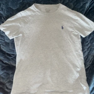 Ljusgrå t-shirt från Polo Ralph Lauren - Säljer en ljusgrå t-shirt från Polo Ralph Lauren med klassisk blå broderad logga på bröstet. T-shirten har rund halsringning och korta ärmar. Perfekt basic-plagg med stilren design.