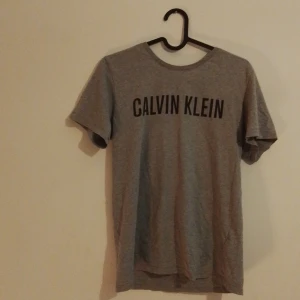 Grå t-shirt från Calvin Klein - Säljer en grå t-shirt från Calvin Klein med svart logga tryckt över bröstet. Klassisk rund halsringning och korta armar. Perfekt för en stilren och enkel look.