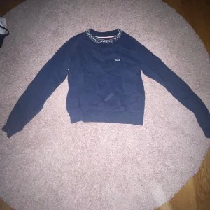 Mörkblå sweatshirt från Tommy Jeans - Säljer en mörkblå sweatshirt från Tommy Jeans med logga på kragen och liten detalj på bröstet. Tröjan har rund halsringning och långa ärmar. Perfekt för en avslappnad och stilren look.