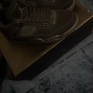 Svarta Nike Jordan 4 sneakers - Snygga helsvarta Nike Jordan 4 sneakers med klassisk siluett och coola meshdetaljer på sidorna. Skorna har snörning och en robust platt sula, perfekt för dig som gillar streetstyle. Ikonisk Jumpman-logga på plösen och detaljer i syntet och skinn.