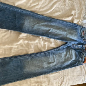 Replay ljusblå jeans med orange detalj - Säljer ett par ljusblå jeans från Replay med snygga slitningar och orange insida i midjan. Klassisk femficksmodell med Replay-logga på fickan och bältesslinga. Jeansen är lite flared och kontrastsömmar för en cool look.