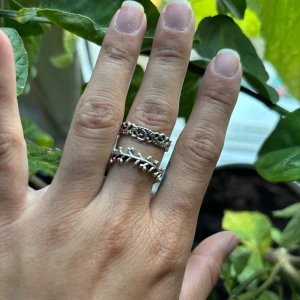 Set med coola silvriga ringar - Säljer ett set med 8st silvriga ringar i olika designer – bland annat en ormring, en kedjeinspirerad ring, en med krona och en med bladliknande detaljer. Perfekt för dig som gillar att mixa och matcha smycken för en unik look.