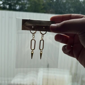 Guldiga örhängen med kedja och spets - Snygga guldiga örhängen med kedjelänk och spetsig hängande detalj. De har en modern och edgy design som verkligen sticker ut. Perfekta för dig som vill ha något unikt och trendigt i smyckeslådan.