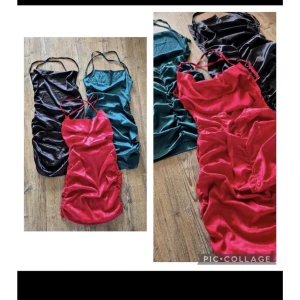 Satin kortklänning med smala axelband - Säljer tre snygga korta klänningar i satin med smala axelband och rynkade detaljer längs sidorna. Finns i svart, röd och petrolblå. Perfekt för dig som vill sticka ut med en glansig look och trendig passform. Klänningarna har figurnära modell och är ärmlösa.