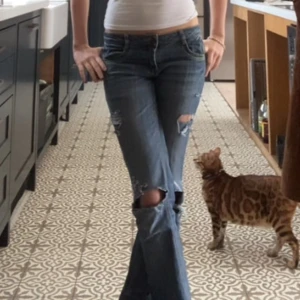 Blå slitna bootcut jeans - Säljer ett par blå bootcut jeans med slitningar och hål på knäna. Jeansen har låg midja och klassisk femficksdesign. Snygga detaljer på bakfickorna och grön detalj på framfickorna.  Fråga gärna om midjemått mm!💕