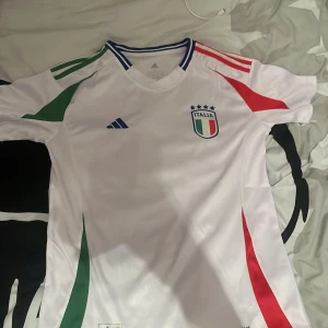 Vit Italien fotbollströja - Säljer en vit Italien fotbollströja från Adidas med korta ärmar. Tröjan har Italiens emblem på bröstet och färgdetaljer i grönt och rött längs sidorna. Den har även blå, röda och gröna ränder på axlarna. Perfekt för fotbollsfans!