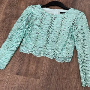 Mintgrön paljettopp - Säljer en glittrig mintgrön topp med långa ärmar och paljetter över hela ytan. Toppen har en croppad passform och en dragkedja i ryggen för enkel påklädning. Perfekt för att lysa upp vilken fest som helst! ✨  Kunden står för frakten/ alternativt mötas upp i Norrköping!