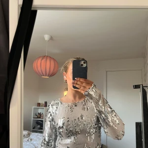 Silver paljettopp - Säljer en glittrig silverfärgad, täckt med paljetter för en extra glamorös look. Toppen har långa ärmar och en normal passform, perfekt för festliga tillfällen. ✨