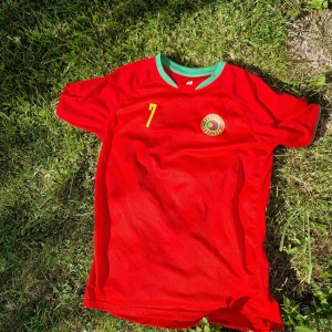 Portugal röd fotbollströja nr 7 - Snygg röd fotbollströja med Portugal med gult tryck, nummer 7 och emblem på bröstet. Grön krage och subtila ränder i materialet. Tillverkad i 100% polyester, perfekt för match eller träning. Kortärmad och med sportig passform.