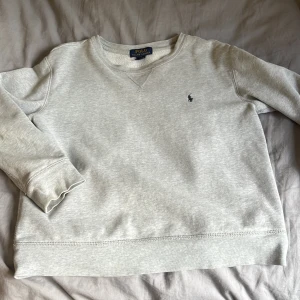 Grå sweatshirt från Polo Ralph Lauren - Snygg ljusgrå sweatshirt från Polo Ralph Lauren med klassisk rund hals och långärmad design. Tröjan har en liten broderad logga på bröstet och är gjord i mjuk bomull. Perfekt för chill dagar och enkel att matcha med jeans eller joggers.L i barnstorlek 