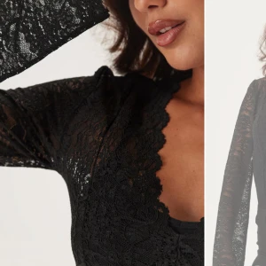 Svart spetsblus med v-ringning - Supersnygg svart blus i spets med v-ringad hals och långa ärmar. Blusen har genomskinliga partier, figurnära passform och fina vågiga kanter vid halsen. ( den är endast använd 2 gånger!)