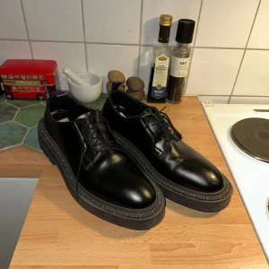 Svarta Eytys Derby skor med grov sula - Säljer ett par svarta Derby skor från Eytys med chunky, mönstrad gummisula och lila dragflik bak. Skorna har rund tå, snörning och är tillverkade i blankt skinn. Näst intill nyskick!