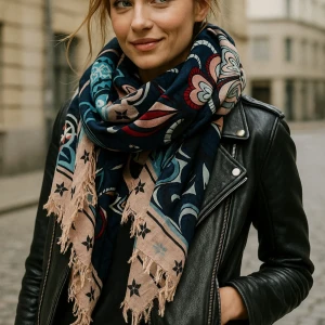 Blommig halsduk från Odd Molly - Snygg halsduk från Odd Molly med blommigt mönster i marinblått, rosa, rött och ljusblått. Halsduken har fransiga kanter och en mjuk känsla, perfekt att slänga över axlarna. Odd Molly-loggan broderad i ena hörnet.