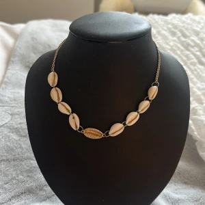 Halsband med snäckor och gulddetalj - Säljer ett snyggt halsband med vita snäckor och en guldfärgad snäcka i mitten. Kedjan är i guldton och snäckorna ger en somrig och strandig känsla. Perfekt accessoar för att lyfta din outfit!