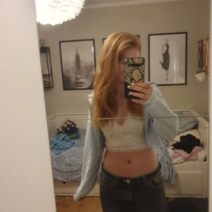 Vit spetstopp - Säljer en superfin vit croppad linnetopp med tunna axelband och v-ringning. Toppen är helt täckt av blommig spets och har en romantisk vibe. Säljes då den inte kommer till användning!