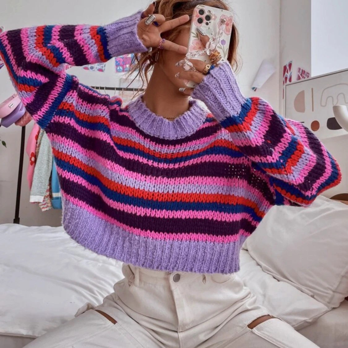 Randig croppad stickad tröja - 2