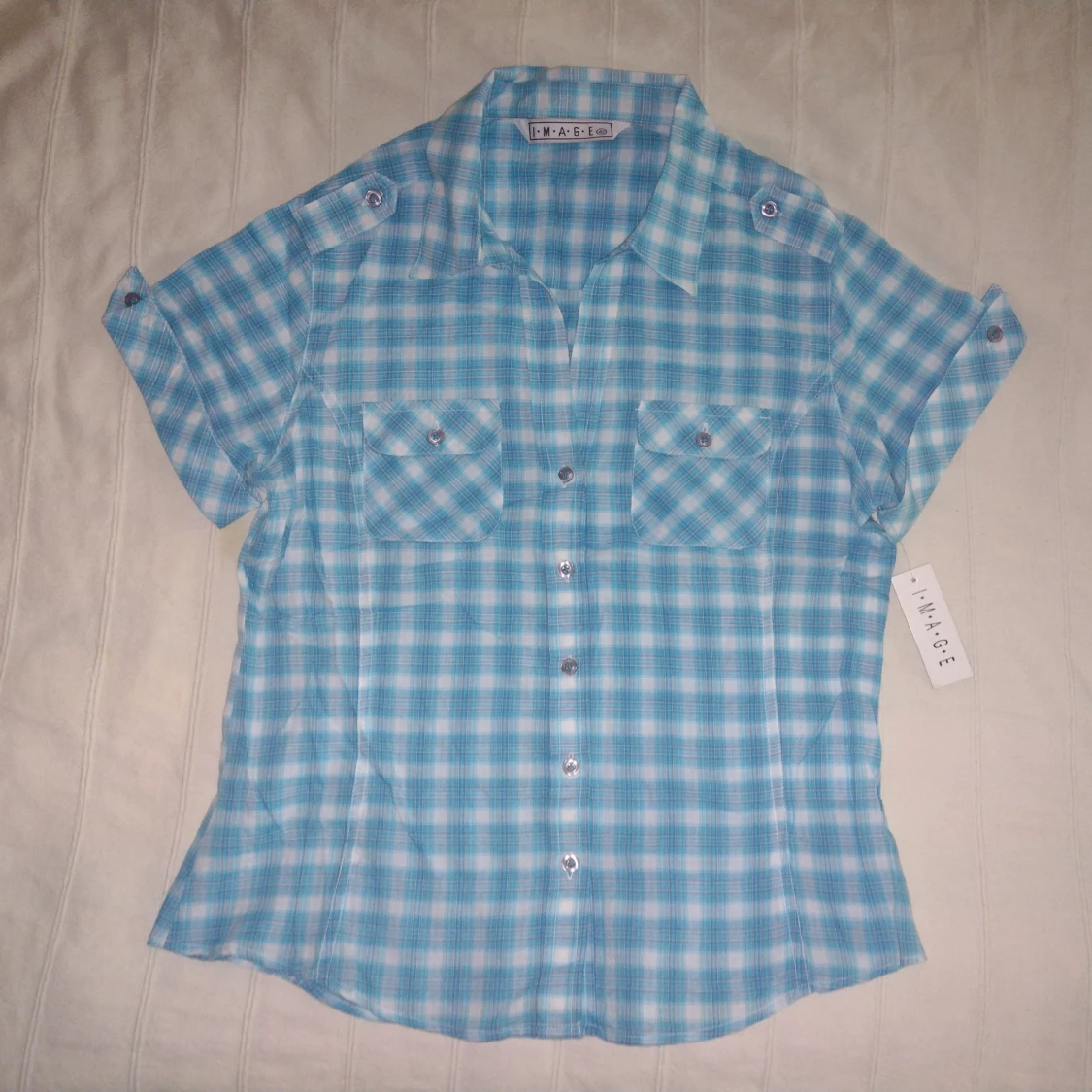 Oanvänd Y2K blåvit rutig kortärmad skjorta IMAGE