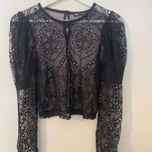 Svart spetsblus från Zara - Säljer en svart blus från Zara med transparent spets och broderade detaljer. Blusen har långärmade puffärmar vid axlarna och ett unikt mönster med cirklar och blommor. Croppad passform.