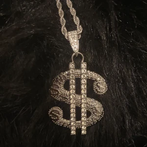 Halsband med dollarformad hängsmycke - Snyggt halsband med ett glittrigt hängsmycke i form av ett dollartecken. Äkta silver sterling 