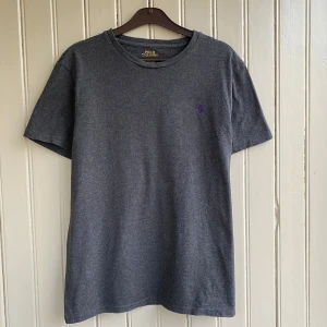 Ralph Lauren T-shirt  - En grå Ralph Lauren T-shirt med lila märke. Inga fläckar eller skavanker, mycket fint skick. Avklippt lapp.  Måtten är ca 45 cm i axelbredd och 65 cm i längd.   Tveka inte på att skriva om du har några frågor!💬 