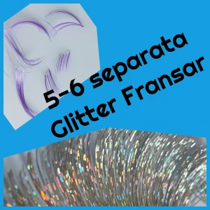 By prisförslag- separata Glitter Fransar silver - Säljer 5-6 separata glitter fransar. Fransarna har en skimrande effekt och passar perfekt för att skapa en unik look med extra glans. De är tunna och flexibla, enkla att applicera för att ge ögonfransarna en färgstark och glittrig touch.