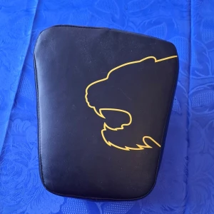 Svart träningsmitts från Tiger - Säljer en svart träningsmitts från Tiger med gul kontur av ett djurhuvud på framsidan. Mittsen har handtag och kardborreband på baksidan för bra grepp. Perfekt för slagträning och sparring.