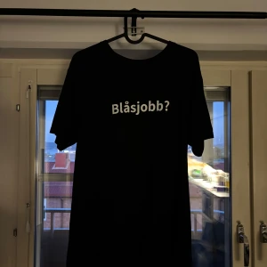 Svart t-shirt(Blåsjobb?) - Svart t-shirt med vit text 'Blåsjobb?' tryckt på bröstet. Enkel och rak passform, perfekt för dig som gillar statement-plagg med humor. Materialet är bomull. Normal i passform.