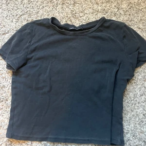 Grå t-shirt från Zara - Säljer en enkel och stilren grå t-shirt från Zara. Den har en rund halsringning och korta ärmar, och lite cropad 