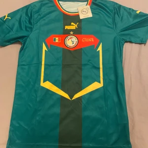 Senegal fotbollströja  - Säljer en grön Senegal landslagströja från Puma med gula och röda detaljer, samt landslagets emblem och texten 'Les Lions'.