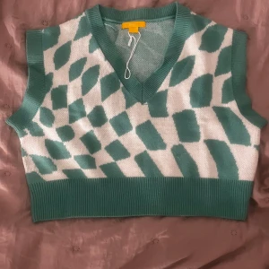 Grön och vit stickad väst från Gina Tricot - Säljer en stickad väst från Gina Tricot i grönt och vitt med ett unikt rutigt mönster. Västen har v-ringning och bred ribbad kant nedtill samt vid ärmöppningarna. Perfekt att styla över en skjorta eller t-shirt.