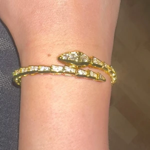 Guldarmband med ormdesign och glittriga stenar - Unikt armband i guld med ormdesign som slingrar sig runt handleden. Armbandet är dekorerat med glittrande stenar längs hela bandet och på ormens huvud, vilket ger en lyxig och iögonfallande look.
